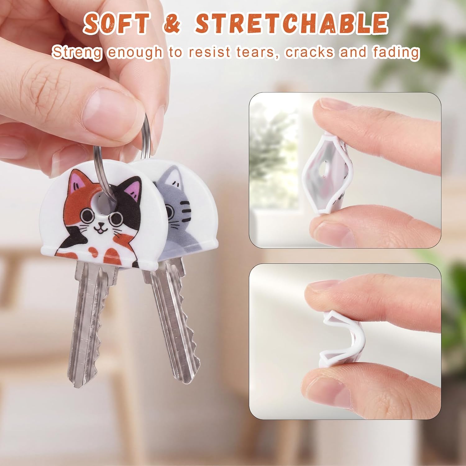 AceOrbit 60 Pcs 6 Patterns Key Covers Caps Bulk, 1" Key Identifiers Painted Vinyl Covers for House Office Keys Head Protectors for Standard Keys, Not Suitable for Odd-Shaped(Cat Style)