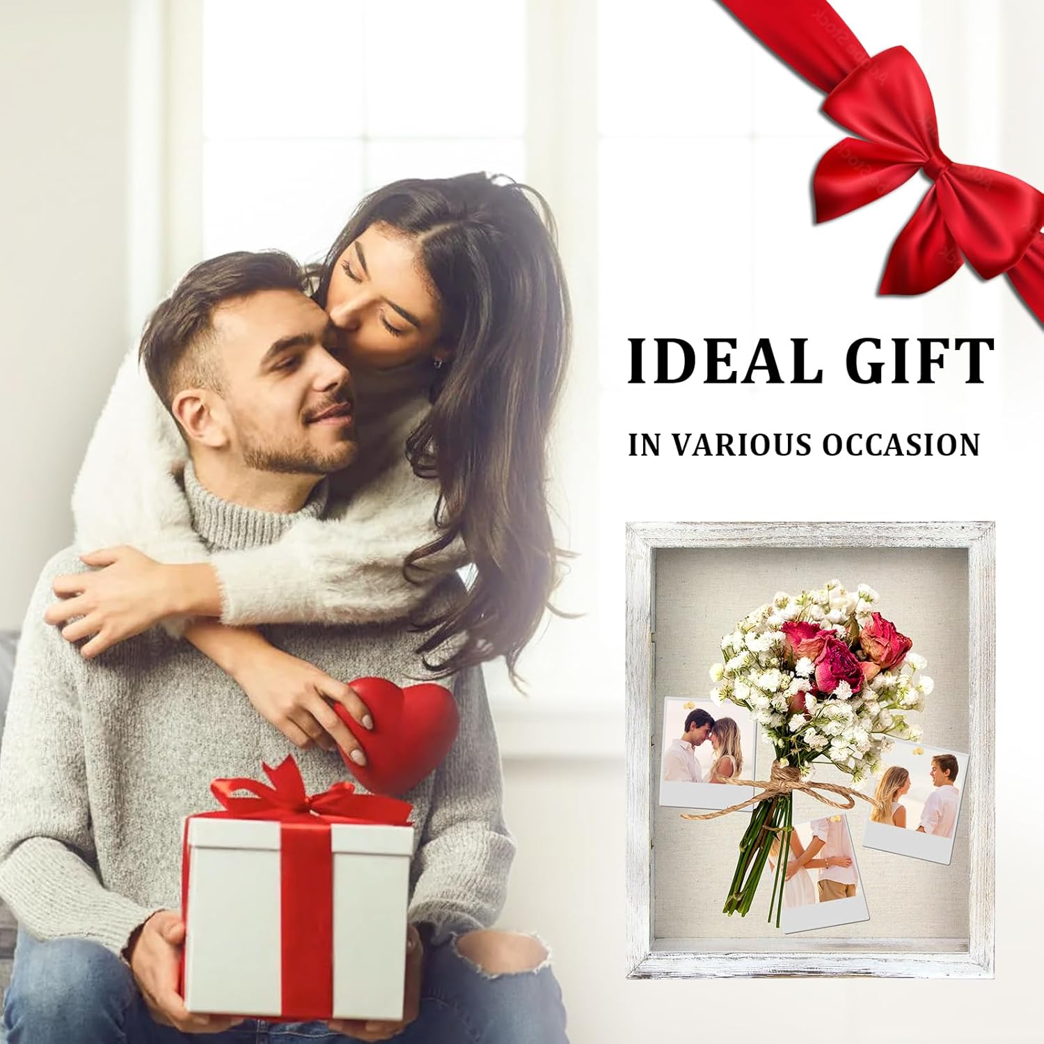 Shadow Box Display Case 11x14, Deep Shadow Box Picture Frame with Linen Back and Removable Shelves, Wooden Memory Box for Wedding Bouquet, Photos, Medals, Keepsakes (White, 11x14)