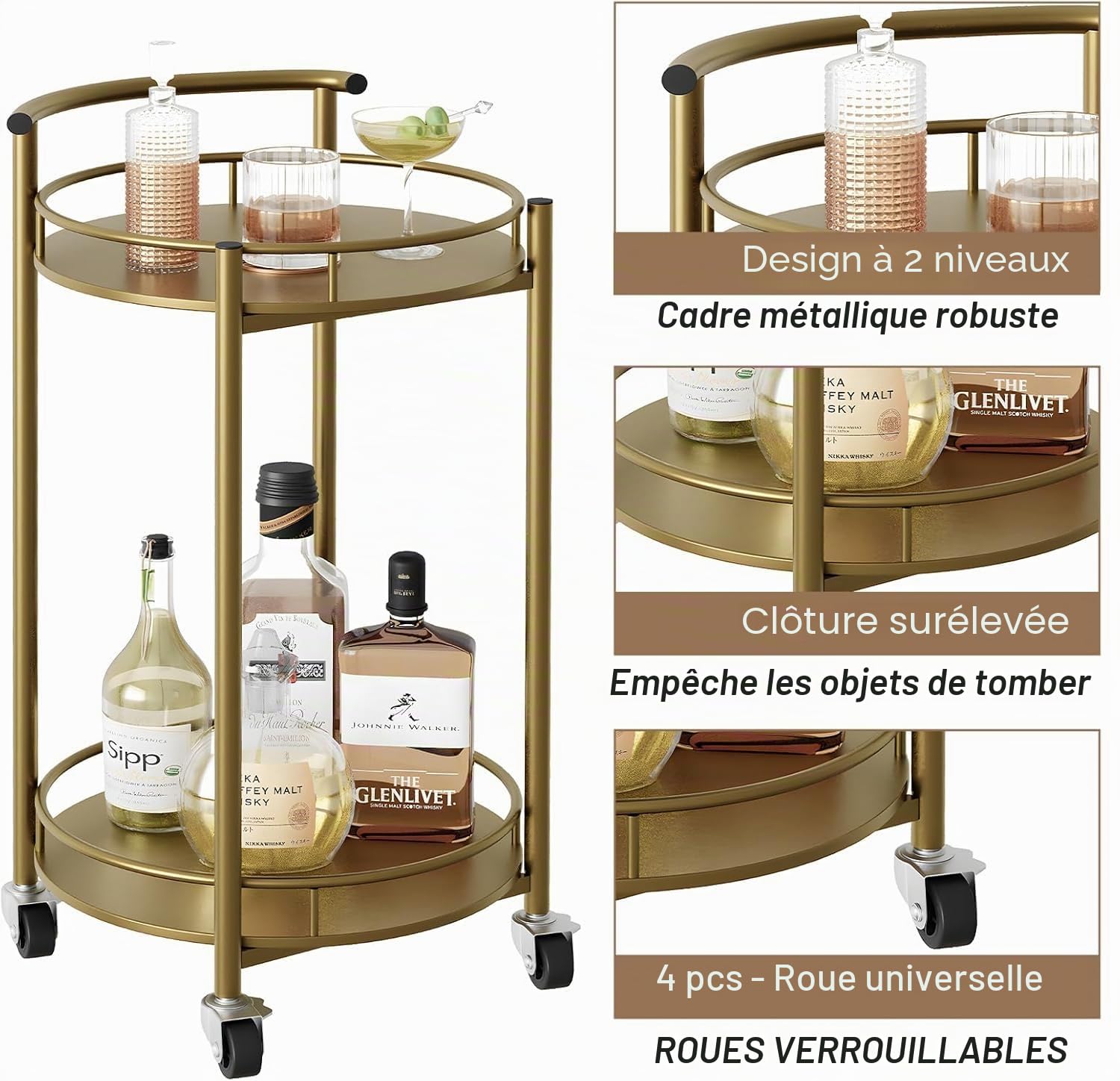 Huhote Chariot de service à 2 niveaux - Chariot de cuisine à 2 étages - Chariot de bar rond - Chariot à boissons - Étagère de cuisine sur roulettes - Chariot de rangement avec roulettes réglables