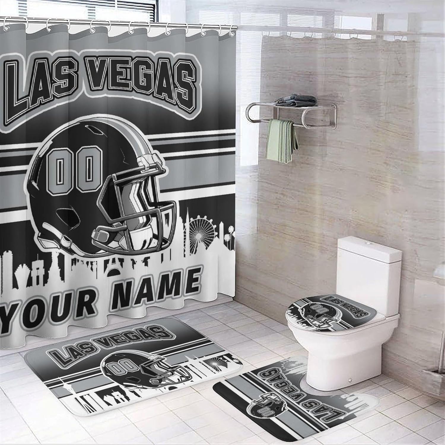 Custom 4PCS Las Vegas Shower Curtain Set for Bathroom Personalized Name and Number Shower Curtain Bath Mat Toilet Mats for Women Men Teenager Boys 72 Inch X 72 Inch