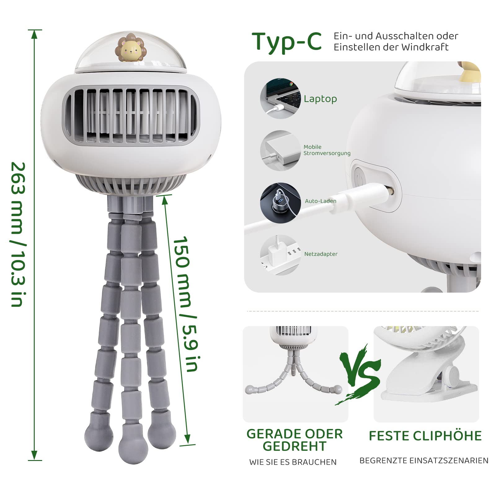Bbtang Ventilatore Passeggino,USB Mini Ventilatore Portatile,3600mAh Ventilatore da tavolo con Treppiede flessibile 4 velocità per Passeggino, Tapis Roulant, Culle, Tenda,Campeggio