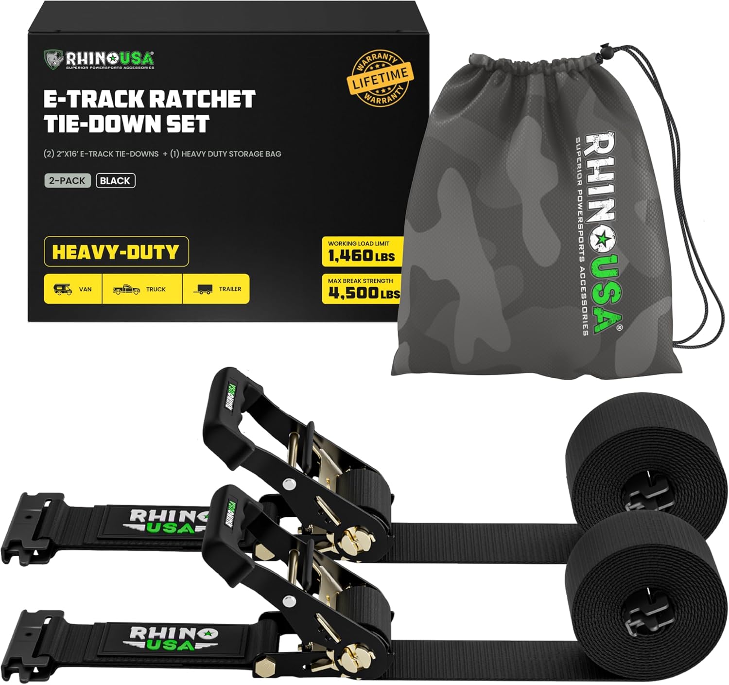 Rhino USA E Track Ratchet Tie Down Straps (4,500lb Break Strength) - Includes (2) Premium 2" x 16' eTrack Tie Downs - Ultimate Heavy Duty eTrack Cargo Strap System for Trailer, Truck, Motorcycle