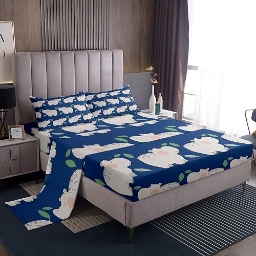 Cute Hippo Sheet Set Queen Size Animal Themed Sheets with Deep Pocket Fitted She