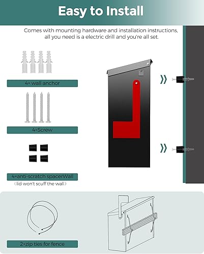 Miniatura 61 de LAND·VOI Buzón de pared con un kit de bandera y tres juegos de calcomanías de números de buzón de 0 a 9, buzones para exterior, buzón de metal Negro