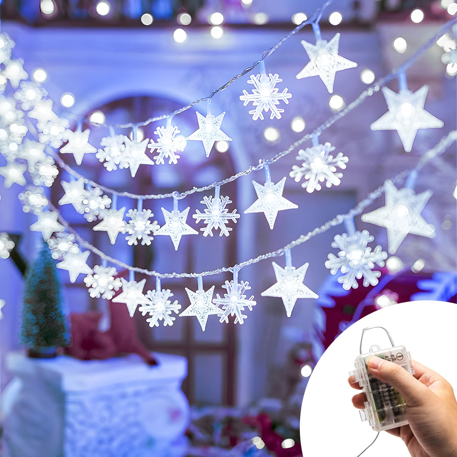 Aigostar Cadena de Luces Navidad， 2.5m Guirnaldas Luces con Pilas， 8 Modos Cortina de Luces con Temporizador， IP44 Impermeable Luces de Hadas para Interior， Exterior， Bodas， Fiesta (Blanco Frio)