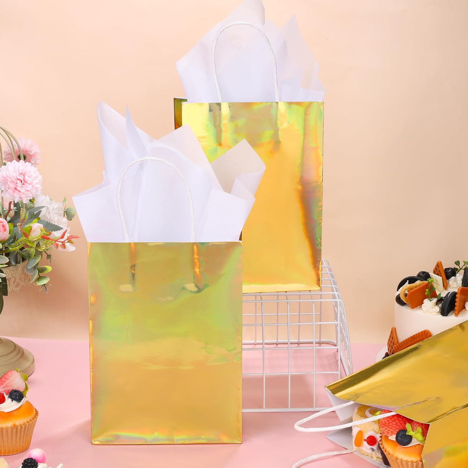 MIMIND 24 Pack Iridescent Paper Gift Bags with Handles Holographic Party Favor Bags with Tissue Paper 8.7 x 6.3 x 3.1 Inch Glitter Gold Foil Goodie Candy Bag for Wedding Baby Shower Birthday Party - Image 4