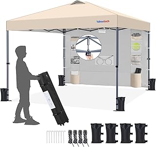 Yaheetech 2.5x2.5M Pop Up Gazebo with 9 Storage Pockets Sidewall, Commercial Shade Shelter, Waterproof Awning Canopy with Roller Bag & Sandbags for Garden Party Outdoor Camping Beach, Beige