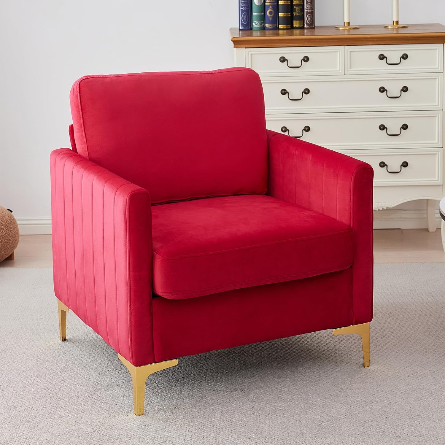 Velvet Accent Chairs Set of 2 Modern Accent Chairs with Gold Metal Legs Upholstered Reading Armchair Small Sofa Chair for Living Room, Bedroom, Office (Red)