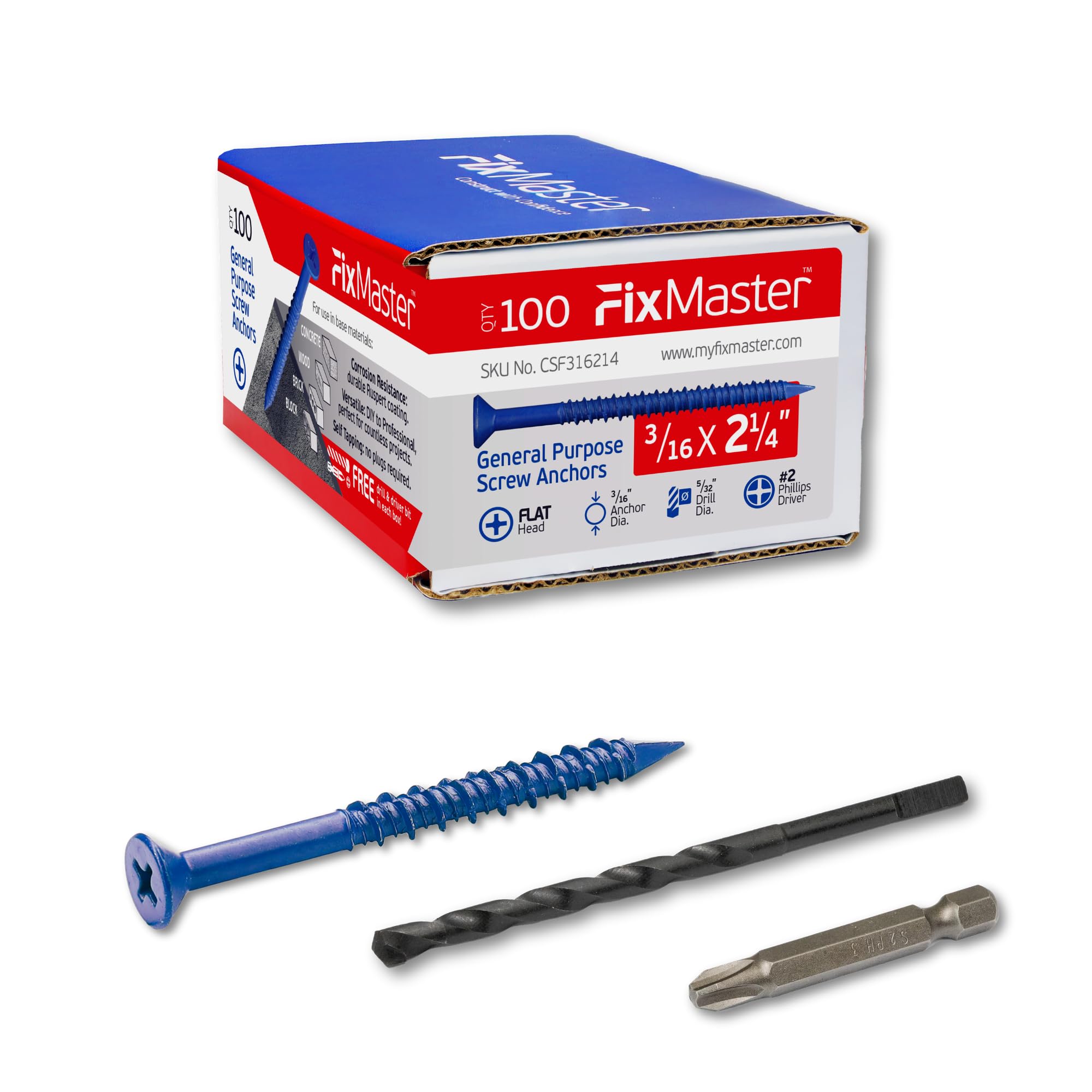 Concrete Screw Anchors - 100 Pack with Drill Bit & Screwdriver -1