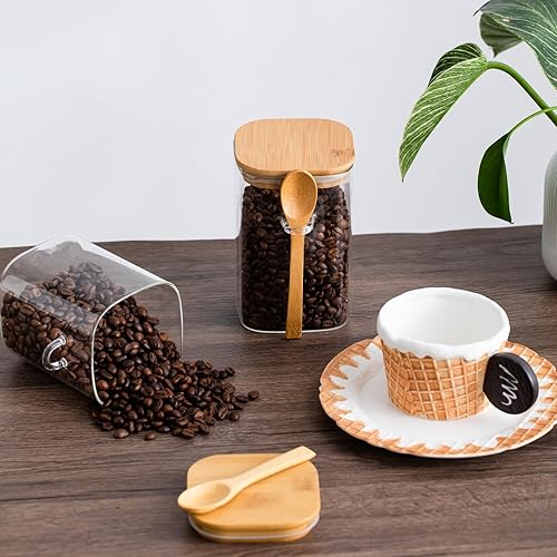 Miniatura 7 de VISIBLE Recipiente de almacenamiento de vidrio sellado Airlock con tapa hermética de bambú y cuchara, perfecto para alimentos, 40 onzas líquidas