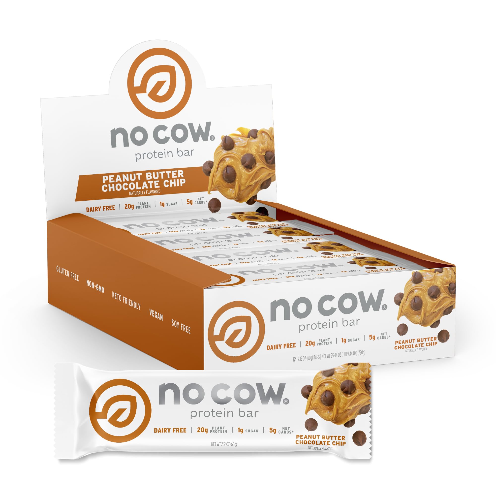 No Cow High Protein Bars, Peanut Butter Chocolate Chip - Healthy Snacks, 20g Vegan Protein, High Fiber, Low Sugar, Dairy & Gluten Free (12 Count)No Cow High Protein Bars, Peanut Butter Chocolate…