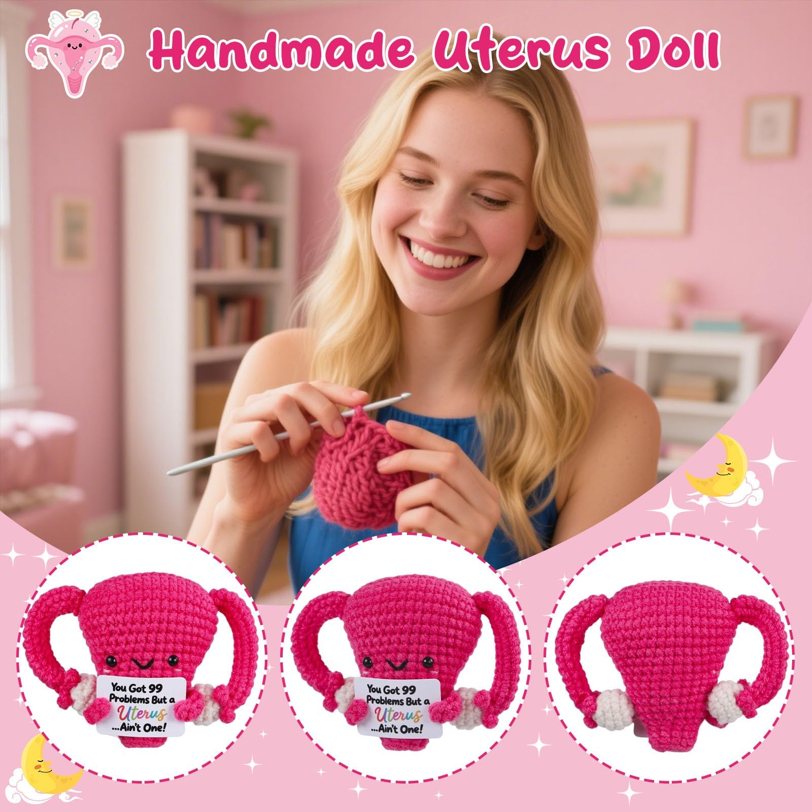 Handmade Stuffed Uterus Plush Toy - Funny Emotional Support Crochet Uterus, Hysterectomy Recovery Gifts for Women, OBGYN Doctor Present with Positive Card