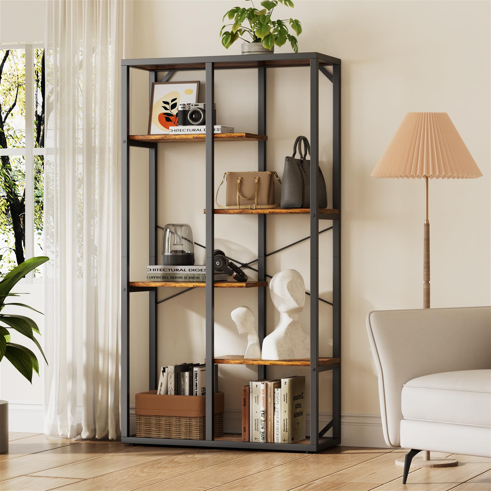 Estantería, Estante con 6 Estantes, Estante de pie, Estantería de Madera, Adecuada para Salón, Cocina, Oficina, Dormitorio, Oficina, Marrón