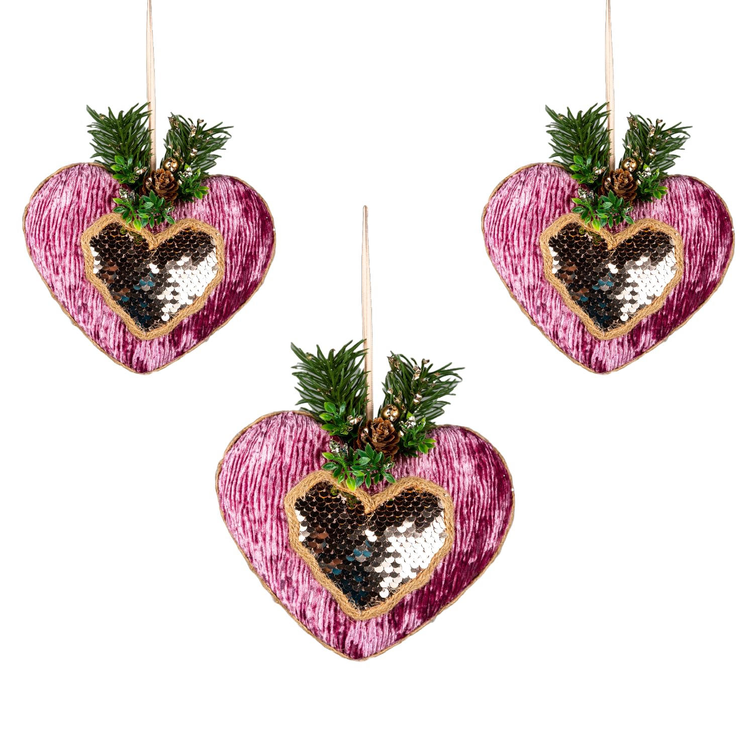 Shatchi Heart 3Pcs Pink Burgundy 16.5Cm - Christmas Tree Hanging Decorations Festive Decorative Ornaments Fairy Tale Themed Xmas Tree Pendant
