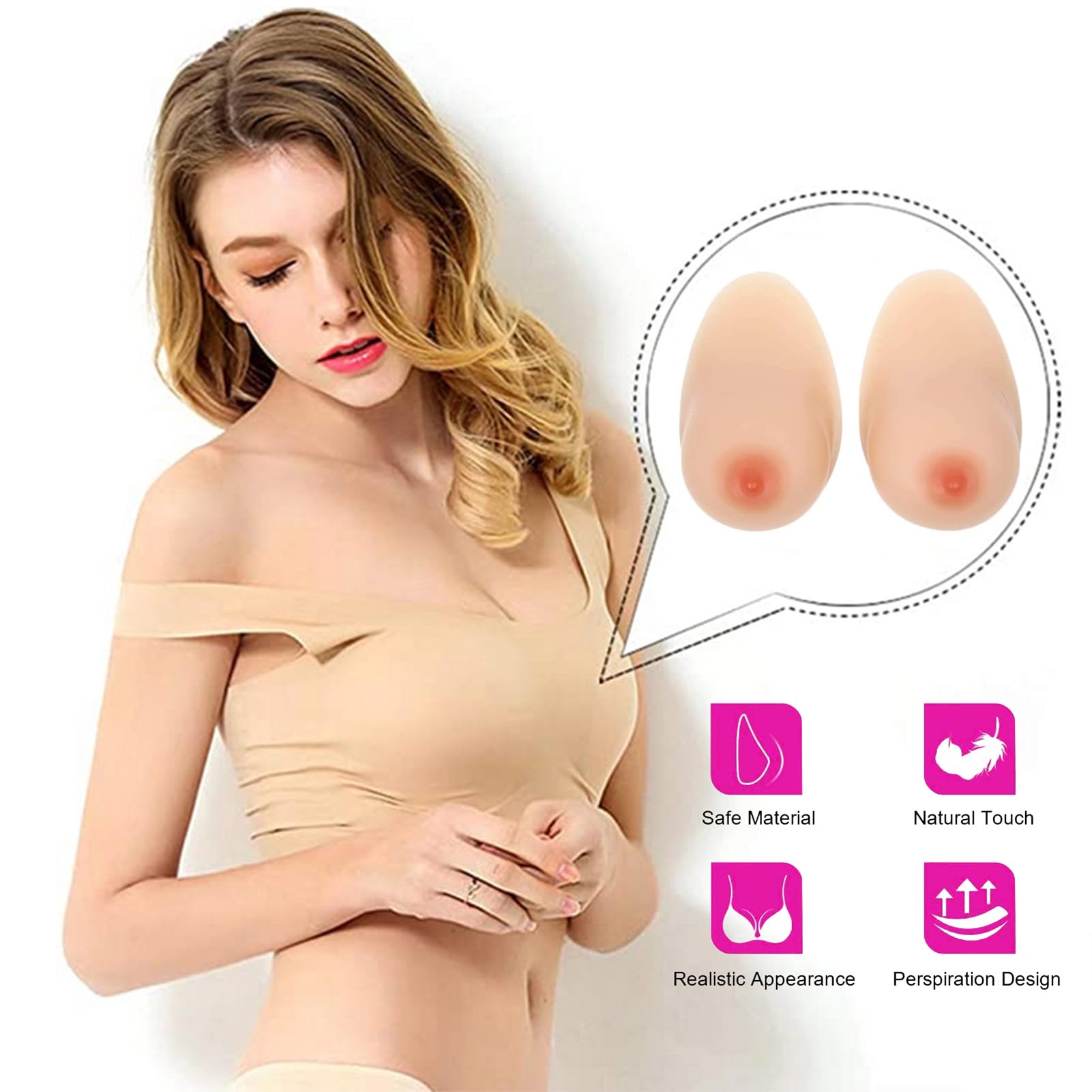 Protesi per mastectomia in silicone a forma di lacrima, autoadesive, artificiali, per cosplay transgender (1600 g/paio, color carne)