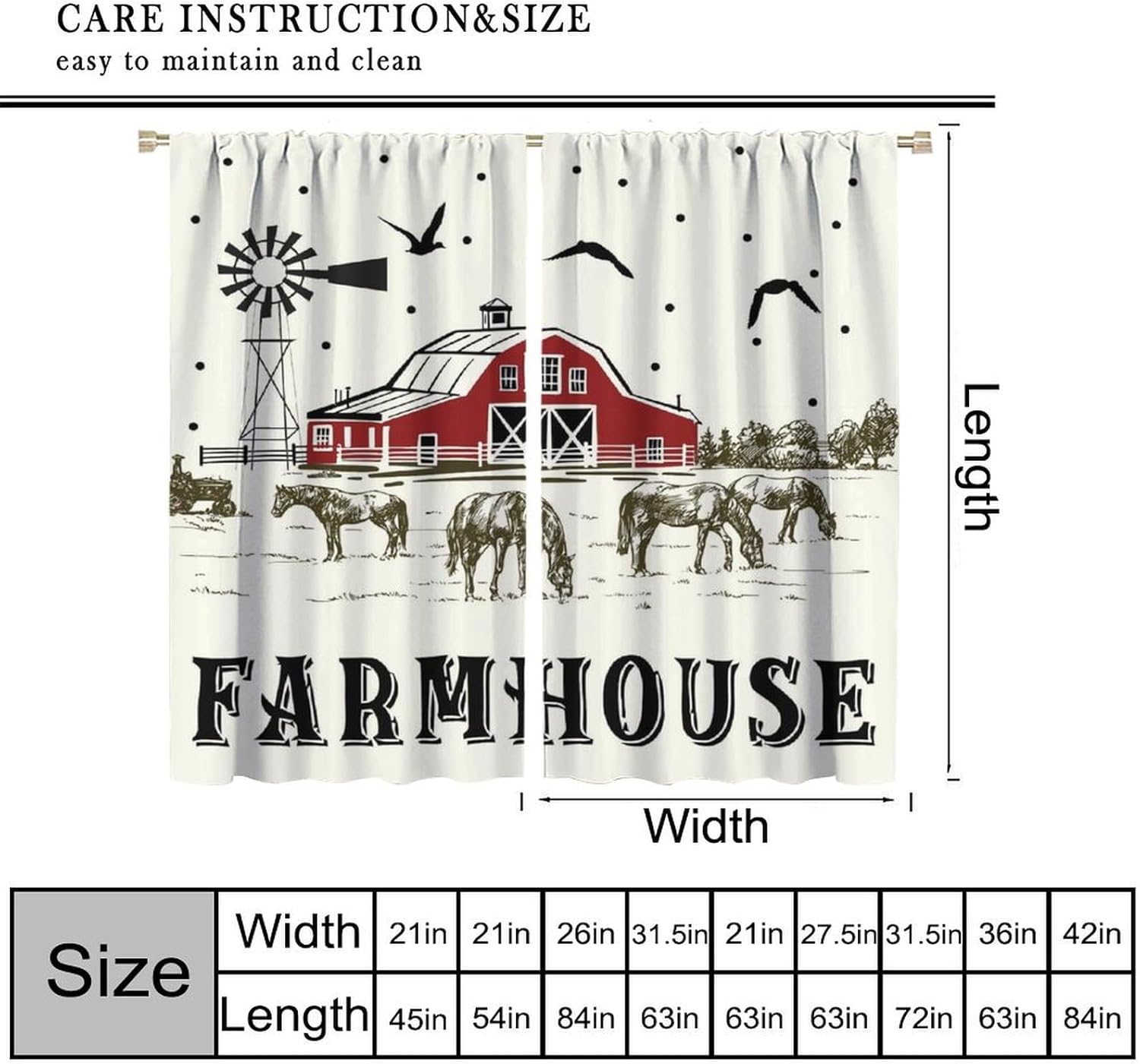 Farmhouse Blackout Window Curtains, Rustic Farm Animals Red Warehouse Windmill Cow Chicken Retro Rural Country for Home Kitchen Restaurant Decoration Window Drapes 2Panel 42" W X 45" L