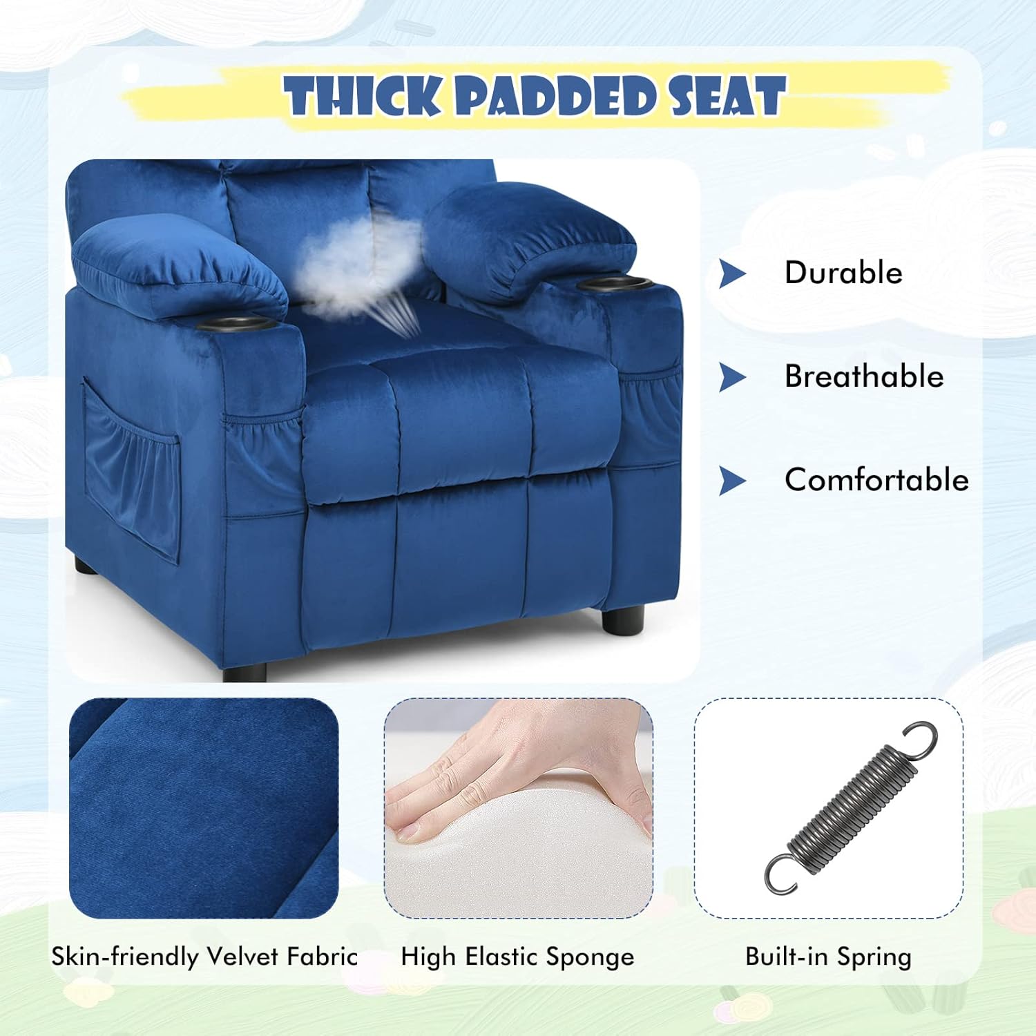 COSTWAY Larger Kids Recliner Chair, Adjustable Lounge Recliner w/ 2 Cup Holders, 1 Side Pocket, 2 Front Pockets, Footrest, Velvet Fabric Recliner for Boys & Girls, Ideal for Bedroom (Blue)