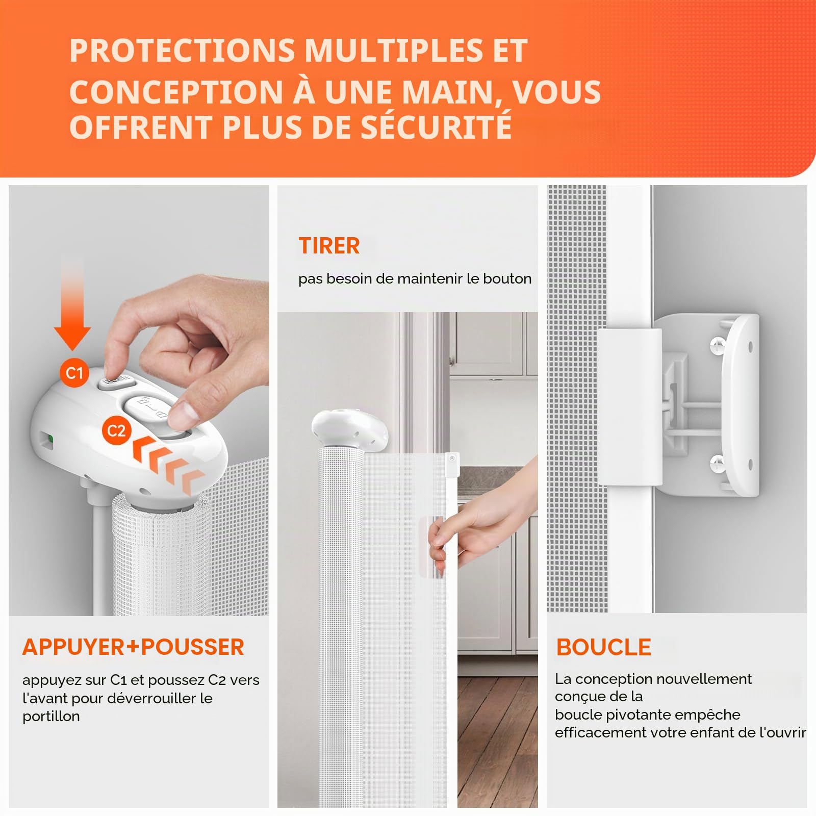 0-300cm Extra Large Barrière de Sécurité Rétractable Opération à Une Main | 87cm Haut Bébés Barriere de Securite Enfant Extensible pour Animaux, Barrière Chiens pour Escaliers, Portes, Couloirs, Blanc
