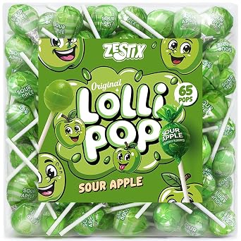 Sour Apple Mini Lollipops 65 Count Bulk Candy Pack, Individually Wrapped Green Suckers Tart & Fruity Treats for Parties, Birthdays, Events & Treats for Kids