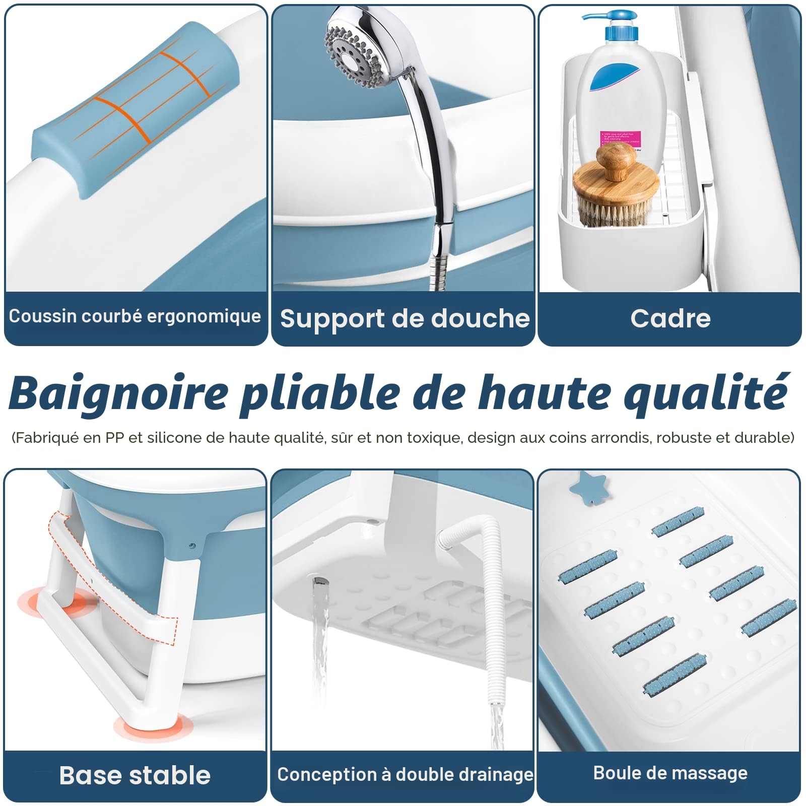 HENGMEI Baignoire pliable adulte XL Mobile Baignoire Portable Avec Couverture Rouleaux de Massage et Tablette de Bain, Bleu (128 x 62 x 52 cm)