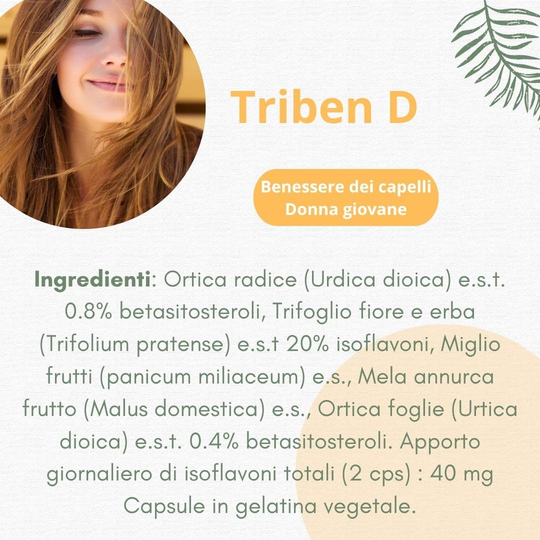 Fitoben | Triben D® Integratore Naturale per Donna Giovane, Previene e Contrasta la Perdita dei Capelli, con Ortica, Miglio, Mela Annurca e Trifoglio, 60 Capsule Vegetali