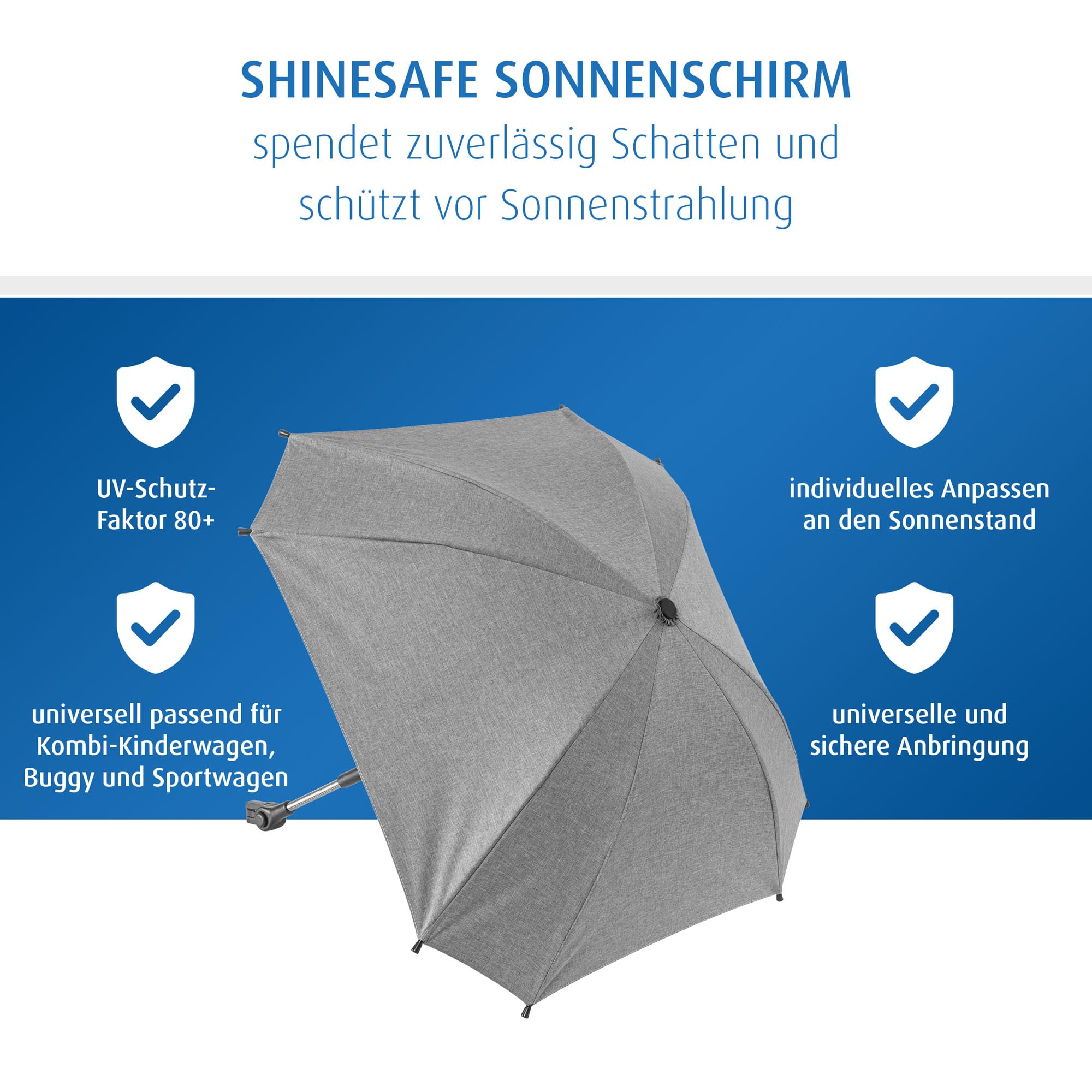 reer ShineSafe Kinderwagen-Sonnenschirm | UV-Schutz (UPF 80+) | universal passend für Kombi- & Sportwagen | Sonnenschutz mit Drehgelenk | aus 100% rPET-Polyester | Einfache Anbringung | Grau-Melange