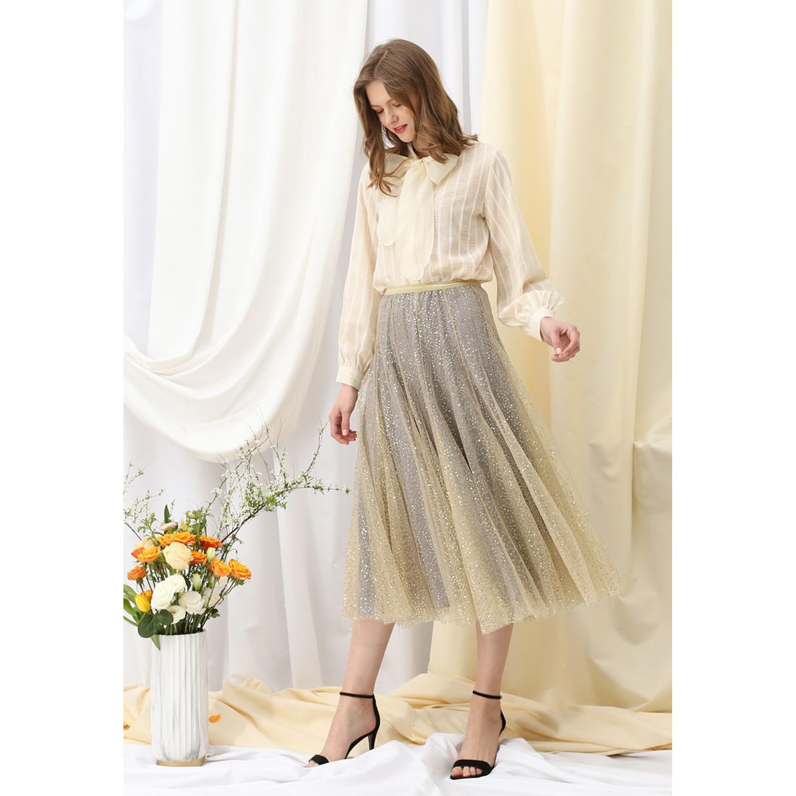 CHICWISH Faldas de tul con lentejuelas para mujer, cintura elástica, plisada, falda midi con capas brillantes, faldas tutú de hadas