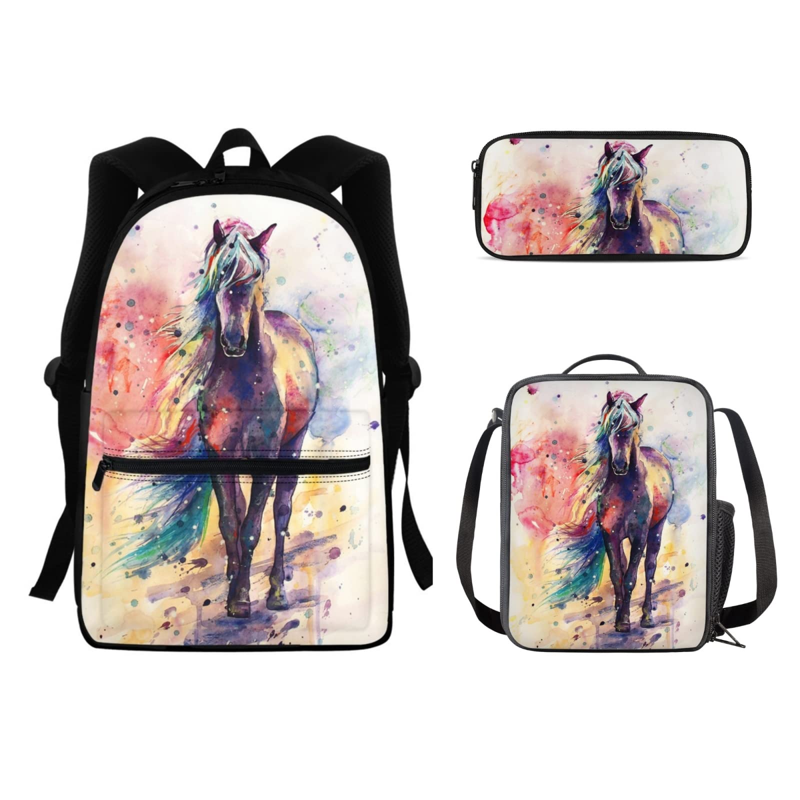 doginthehole Middle School Backpack School Bag for Kids Girls Boys, Lightweight Travel Daypack Bookbag Art Watercolor Horse Design Rucksack Lunch Box