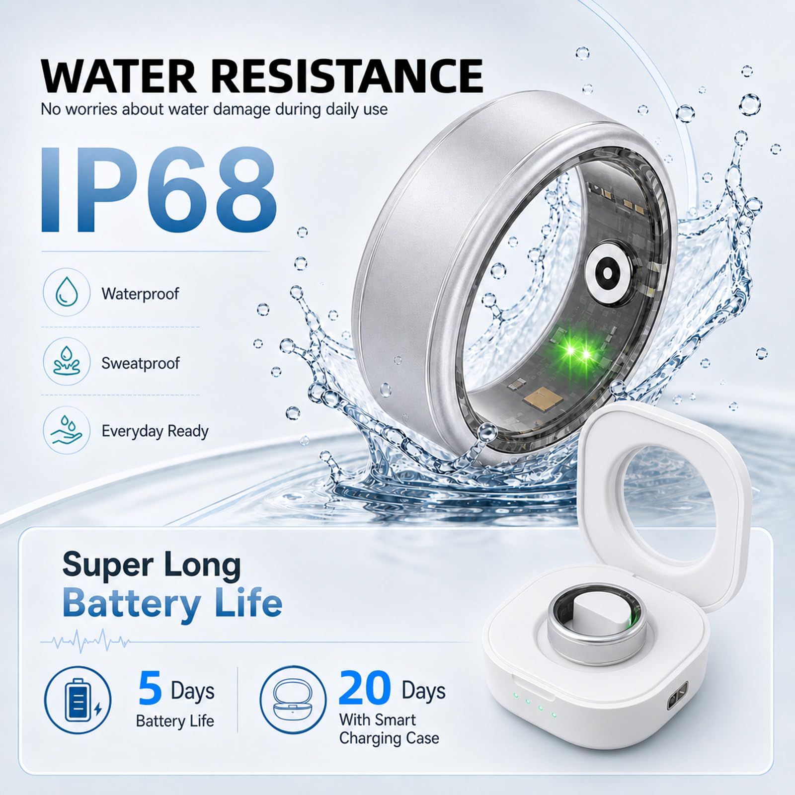 Anillo inteligente para mujeres y hombres, IP68, resistente al agua, con frecuencia cardíaca, oxígeno en sangre y monitor de sueño, anillo de seguimiento de salud compatible con iOS y Android, sin