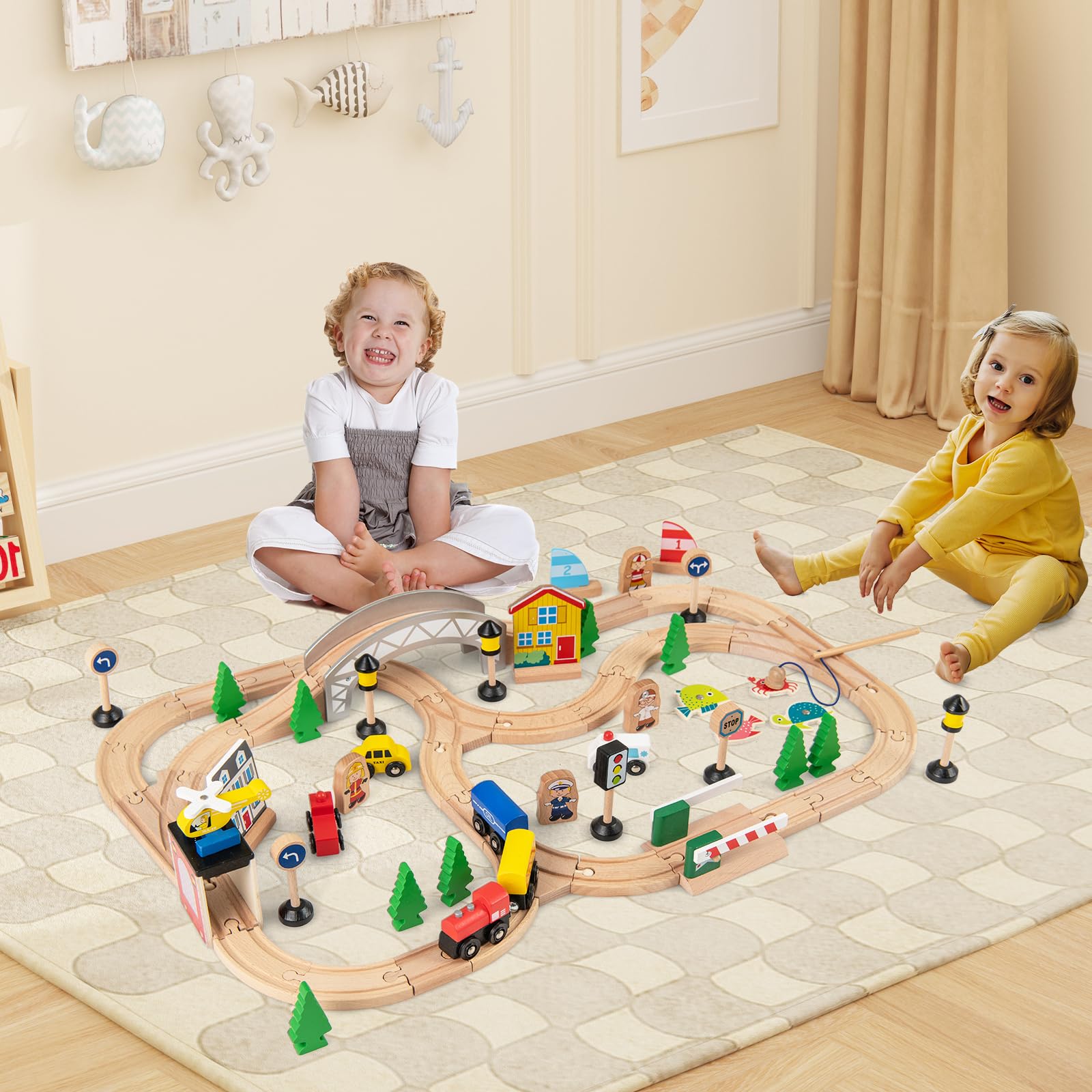 DREAMADE Table Circuit de Train en Bois, 78 Pièces avec Rails, Plateau Réversible & Amovible, Jouet Interactif Parent-Enfant, 3+ Ans