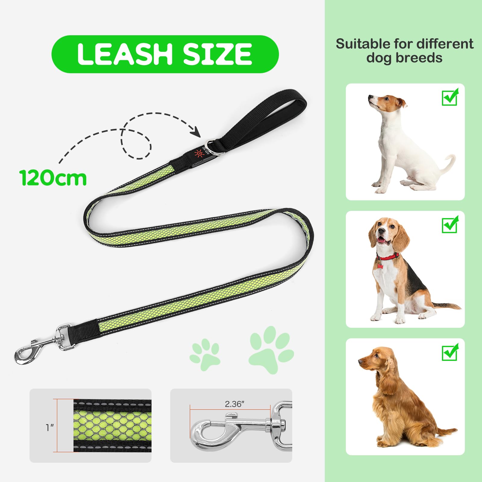 Candofly Correa LED para perro de 4 pies, recargable por USB, 3 modos de iluminación, brilla en la oscuridad, correas reflectantes de nailon para mascotas con luces para caminar por la noche (verde)