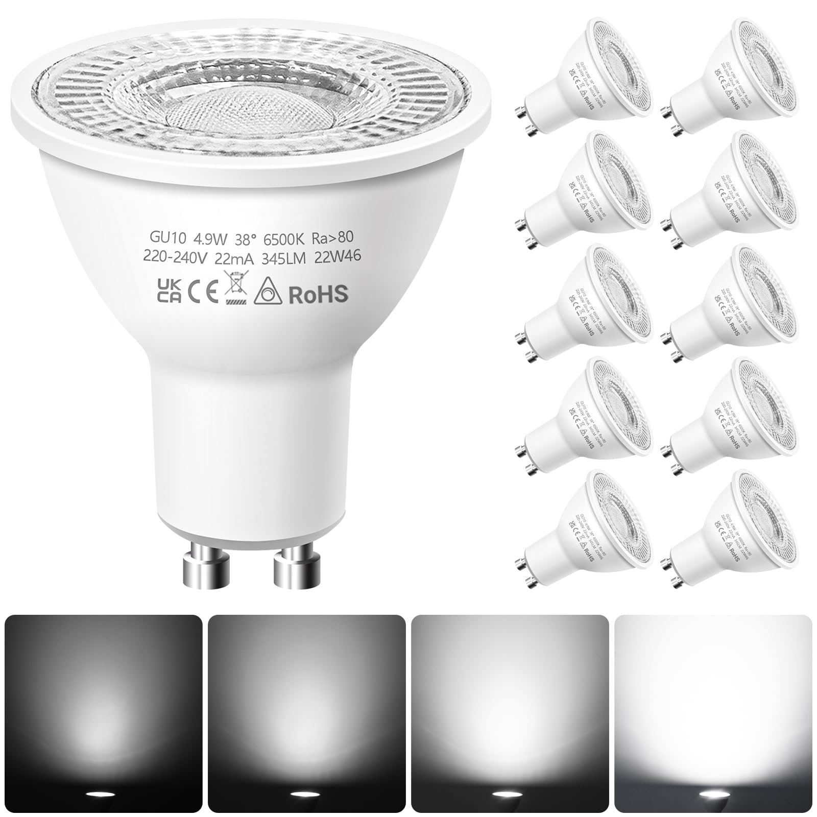 Nottac GU10 LED Spotlight Bulbs, Dimmable Cool White 6500K 4.9W Energy Saving Light Bulbs, (Equivalent to 50W) Halogen Spotlight Bulbs, 220-240V, 345LM, 38° Beam LED Bulbs for Ceiling, Pack of 10