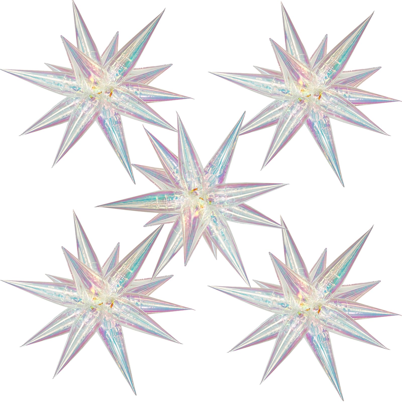 5 * 12 Pcs Iridescent Star Burst Balloons Foil 26 inch Holographic Explosion Star Balloon Clear Point Spike Balloons for Birthday Wedding Bachelorette