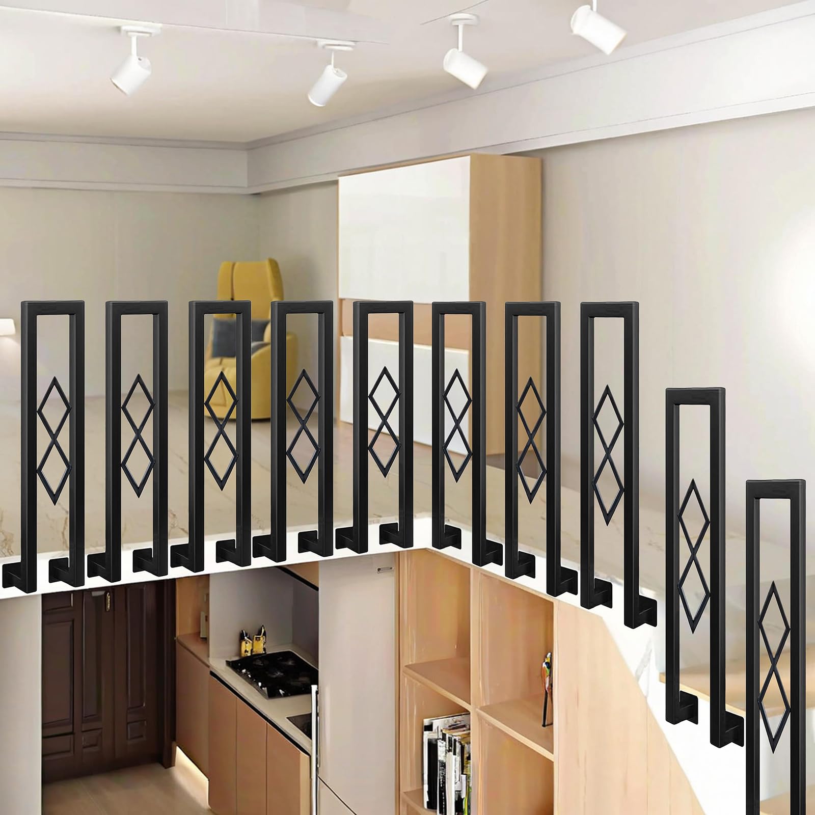 Barandilla de Escalera en Forma de U, Hierro Forjado Pasamanos con Diseño Diamante, Parapeto Interior para Loft, Balcón, Balaustre Exterior, Instalación Lateral (Negro, 110cm)