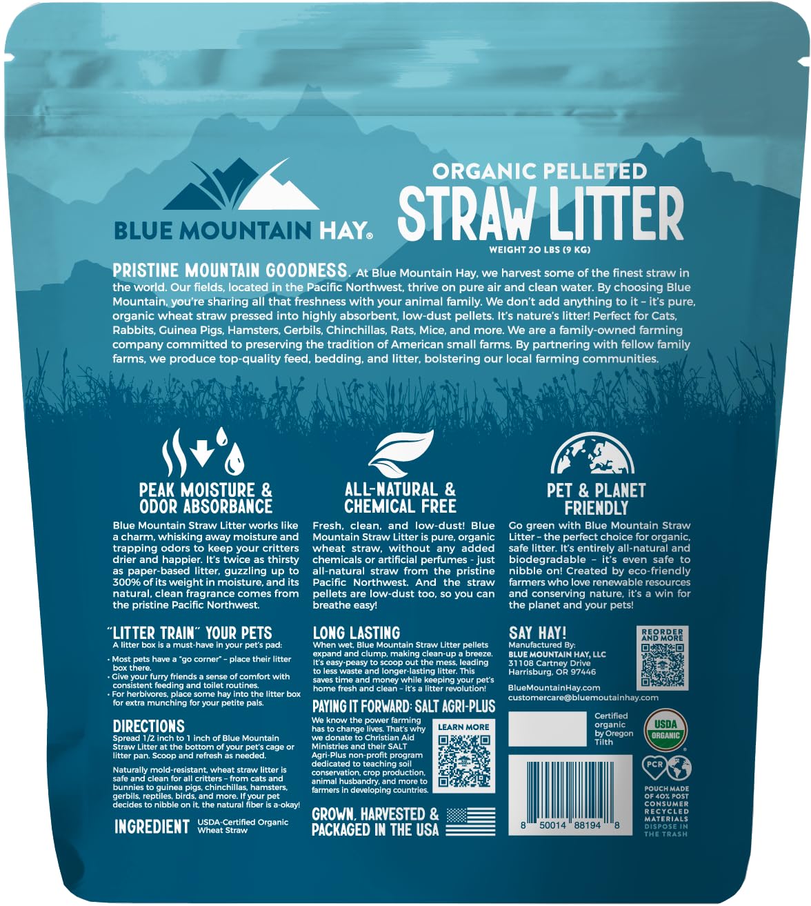 Blue Mountain Hay Lettiera biologica in paglia di grano per piccoli animali, pellet naturali e biodegradabili, senza sostanze chimiche e antipolvere, assorbe l'umidità, elimina naturalmente gli odori
