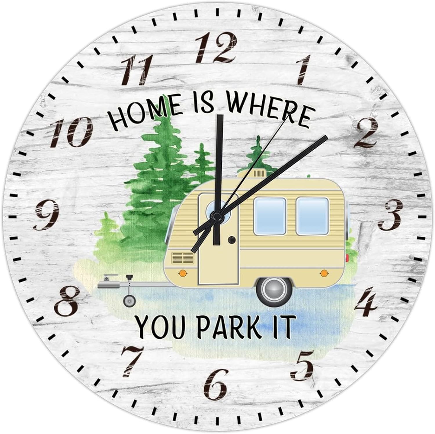 Retro Silent Non-Ticking Wooden Wall Clock Camping Home is Where You Park It Battery Operated Round Clocks Decorative Vintage Country Home Decor for Patio Pool Bathroom Bedroom 15-Inch