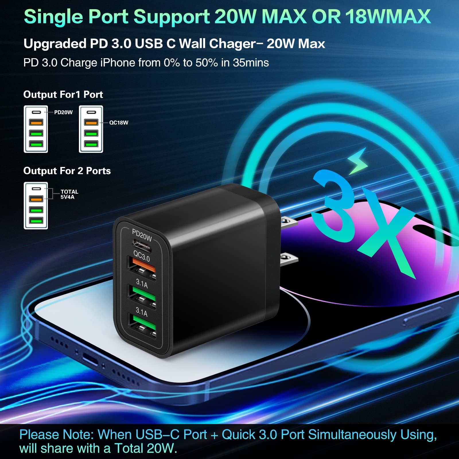 [Lot de 4] Chargeur mural USB-C, 35 W 4 ports Quick 3.0 + PD 3.0, bloc de charge rapide USB compatible avec iPhone 14/14 Pro/14 Pro Max/14 Plus/13/12/11, XS/XR/X, Samsung Series, tablette