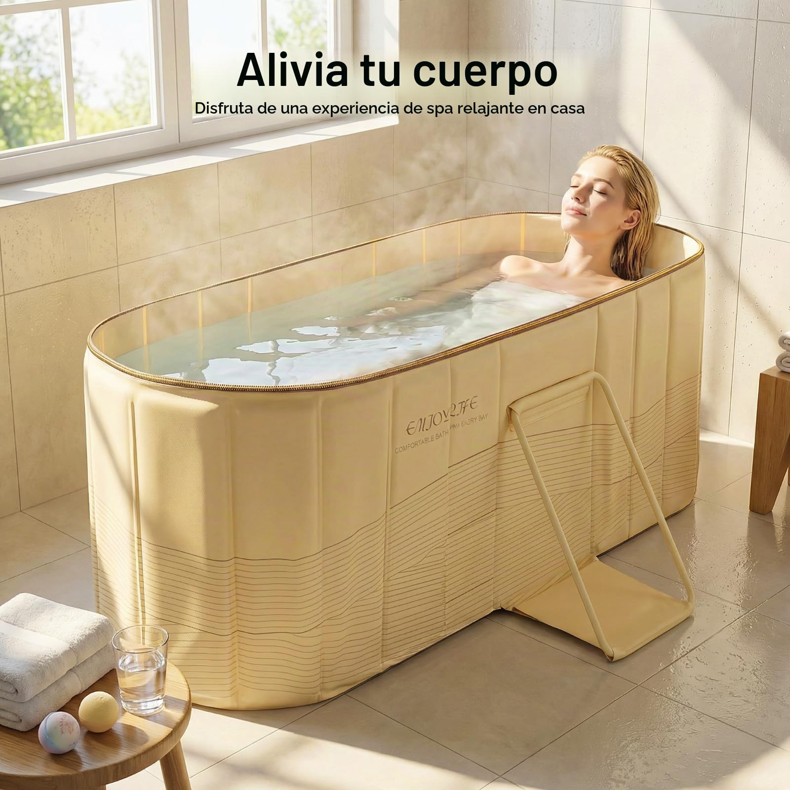Bañera plegable para adultos – Bañera independiente portátil con tapa, 5 capas de calor, 2 agujeros de drenaje, para SPA en casa, al aire libre y para la familia – Extra grande 150x55x50cm