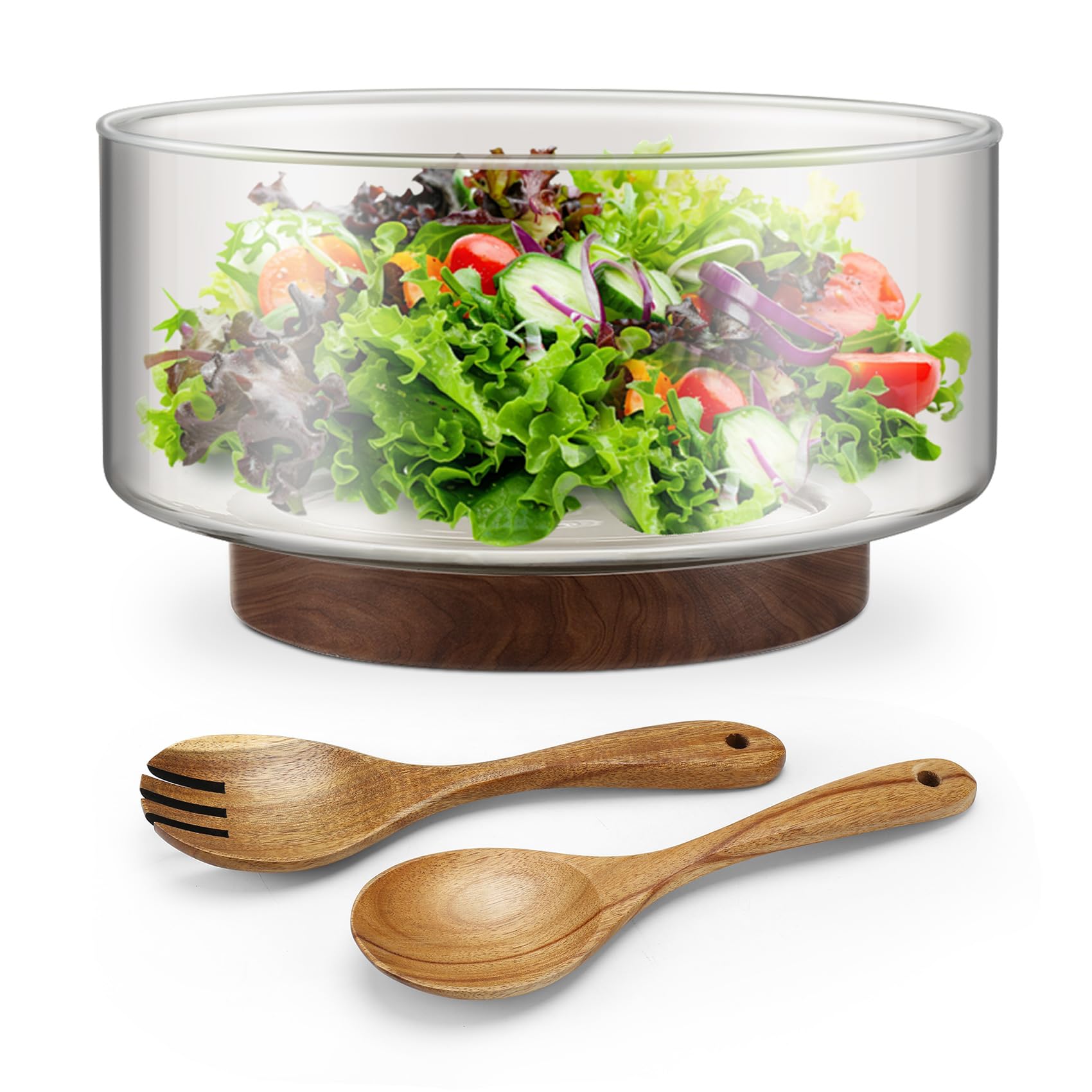 Cuenco grande de cristal de 3700 ml con pinzas de ensalada de madera, diseño de estabilidad mejorada, cuenco versátil para ensaladas, frutas, ideal para reuniones y comidas familiares diarias