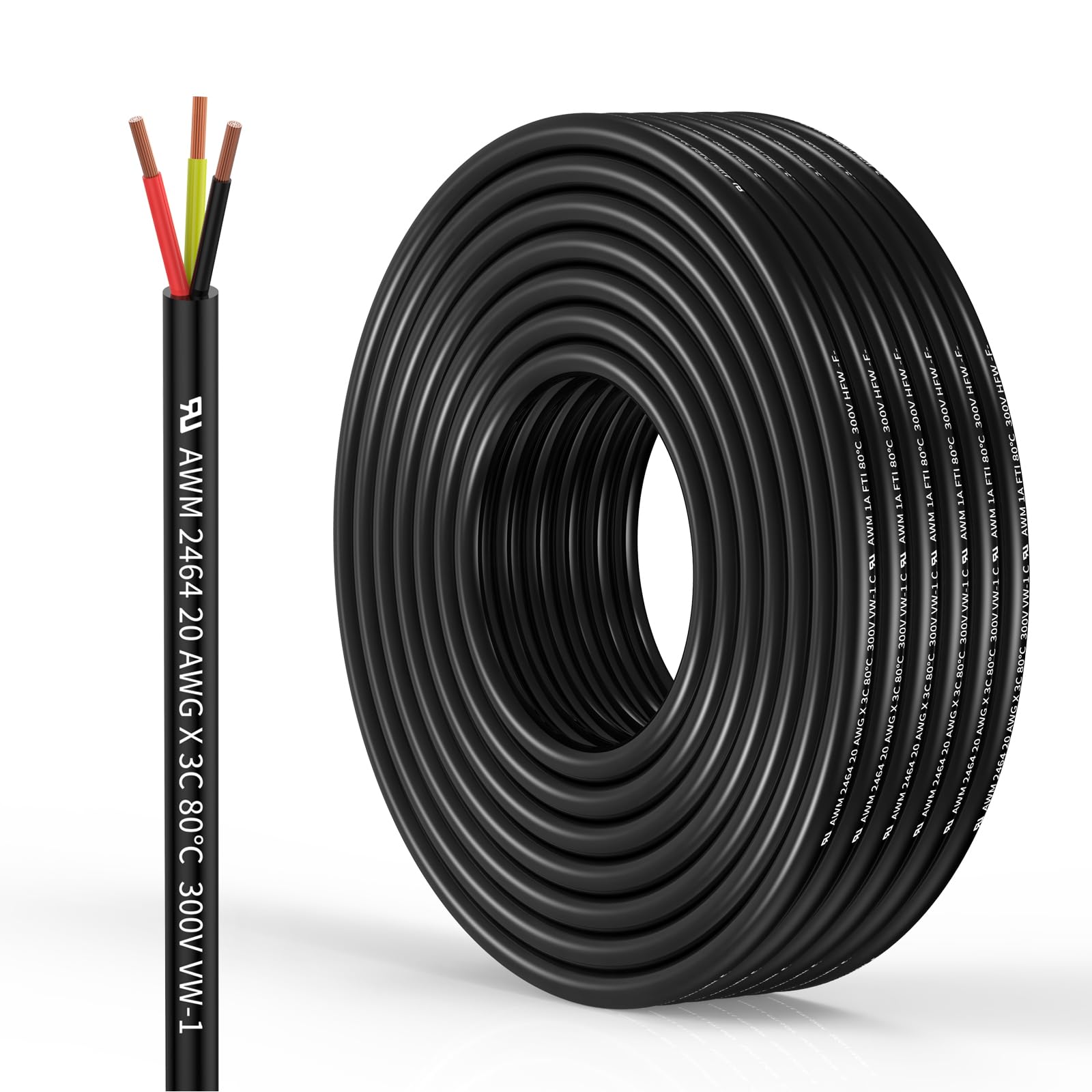 20 Gauge 3 Conductor Electrical Wire Oxygen-Free Copper Cable 50FT/15.3M Flexible Low Voltage Cable for LED Strips Lamps Lighting Residential Wiring car Circuit(20/3AWG-50FT)