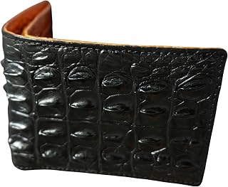 Genuine Mens Alligator Leather Double Sides Bifold Wallet Passcase Crocodile Horn Extra Capacity Bifold Wallet (Black-Orange Horn)