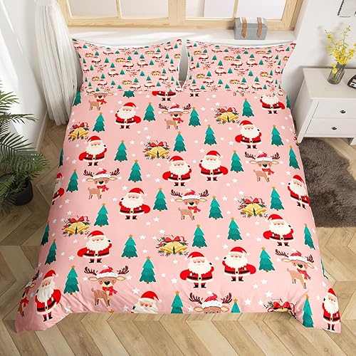 Juego de funda de edredón rosa de Navidad, tamaño Queen, lindo juego de ropa de cama de árbol de Navidad de ciervos y Papá Noel para niños y niñas, disponible en Yaxa Colombia