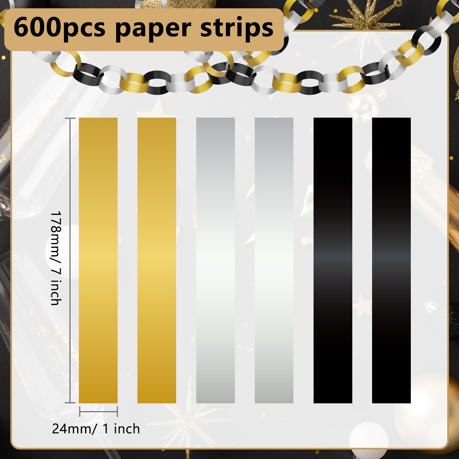 CHRORINE 600 Pcs Colorful Paper Chain Strips for Black and Gold Party Decorations DIY Crafts Supplies (Gold Silver Black - Image 2