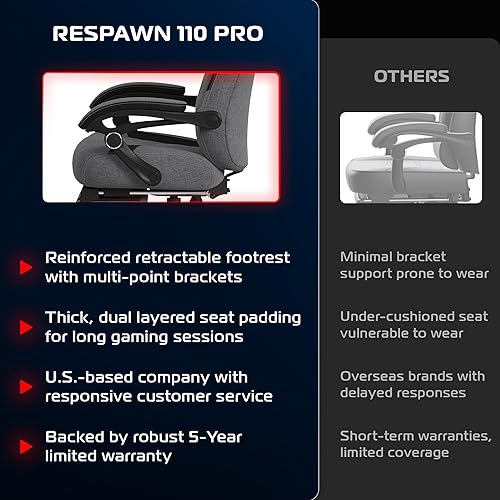 Miniatura 6 de Respawn 110 Pro Silla ergonómica para juegos con reposapiés para adultos, cómoda silla reclinable de oficina con soporte lumbar y reposacabezas