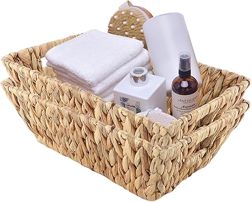 Miniatura 5 de Cestas de jacinto de agua con asas para organizar estantes, cestas de mimbre natural para organización, cestas de almacenamiento tejidas a mano