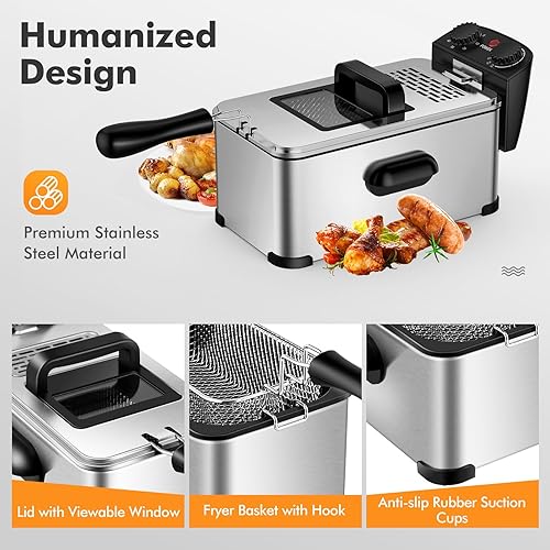 Miniatura 5 de COSTWAY Freidora de 3 litros con canasta, freidora de aceite eléctrica de 1700 W con filtración de aceite, tapa con ventana de visión, temporizador