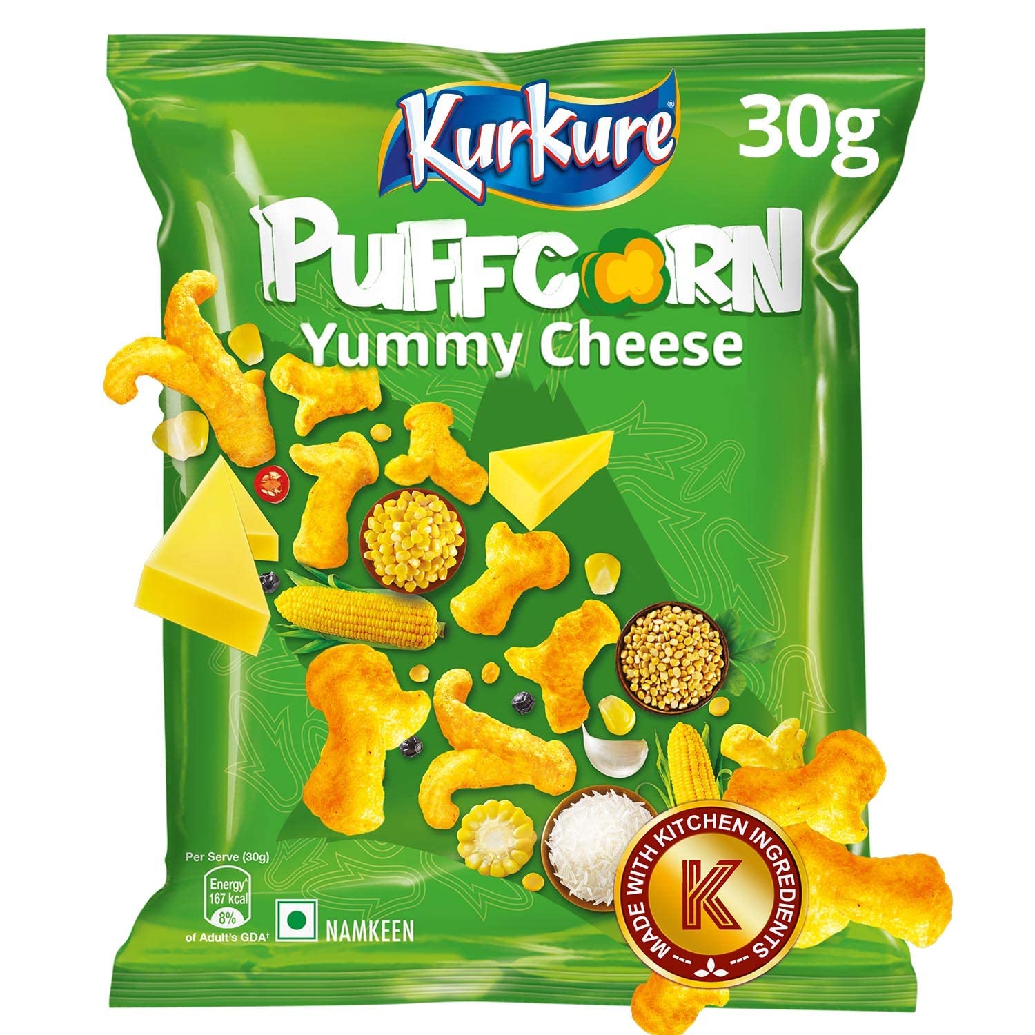 Kurkure Yummy Cheese Puffcorn Namkeen, 28g [Pack of 10] --image-12