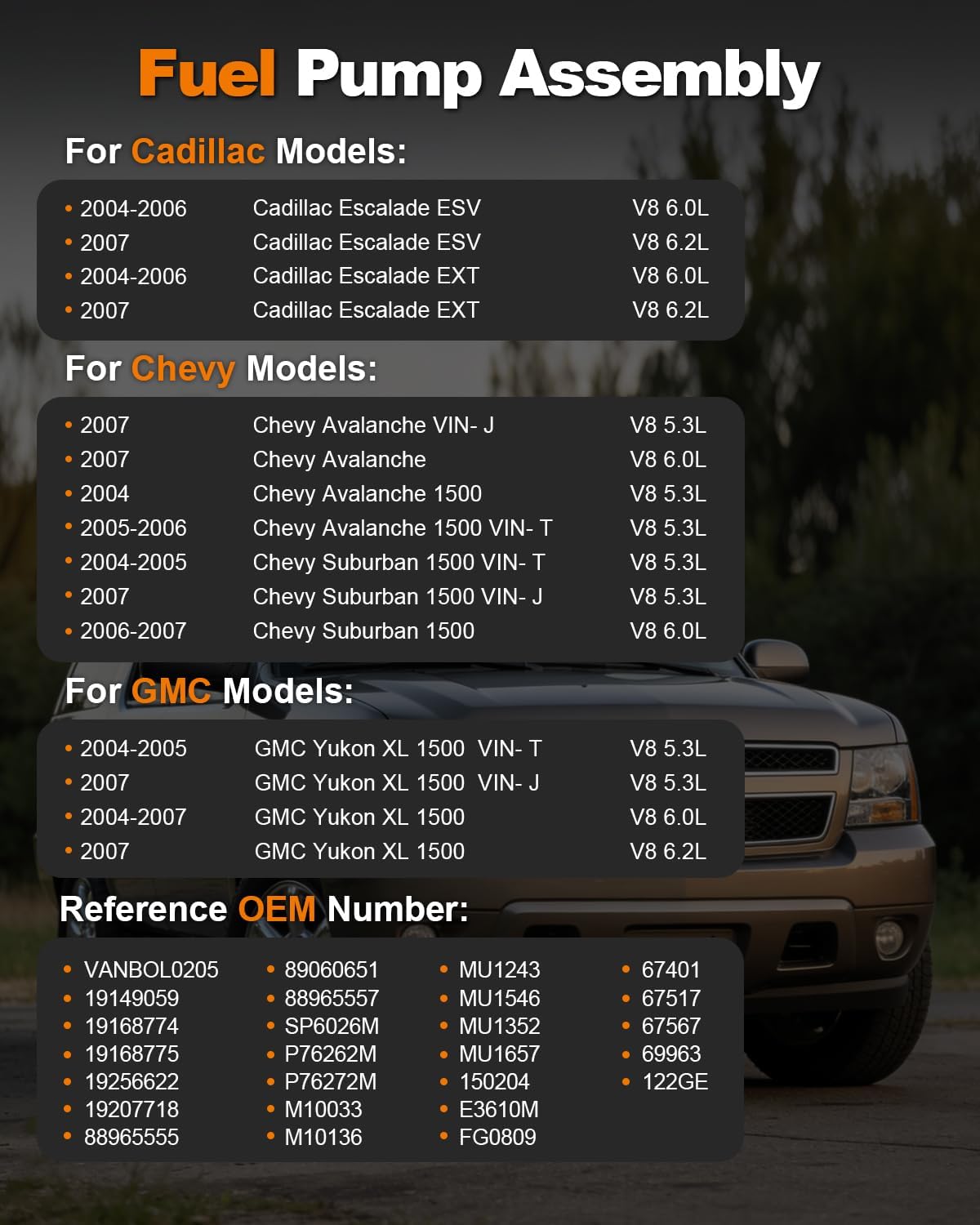 Electric Fuel Pump Assembly Compatible with 2004-2007 Chevy Avalanche Suburban 1500, GMC Yukon XL 1500, Cadillac Escalade ESV EXT 3 Tube GAS V8 5.3L 6.0L 6.2L Replace E3610M Pressure Sensor