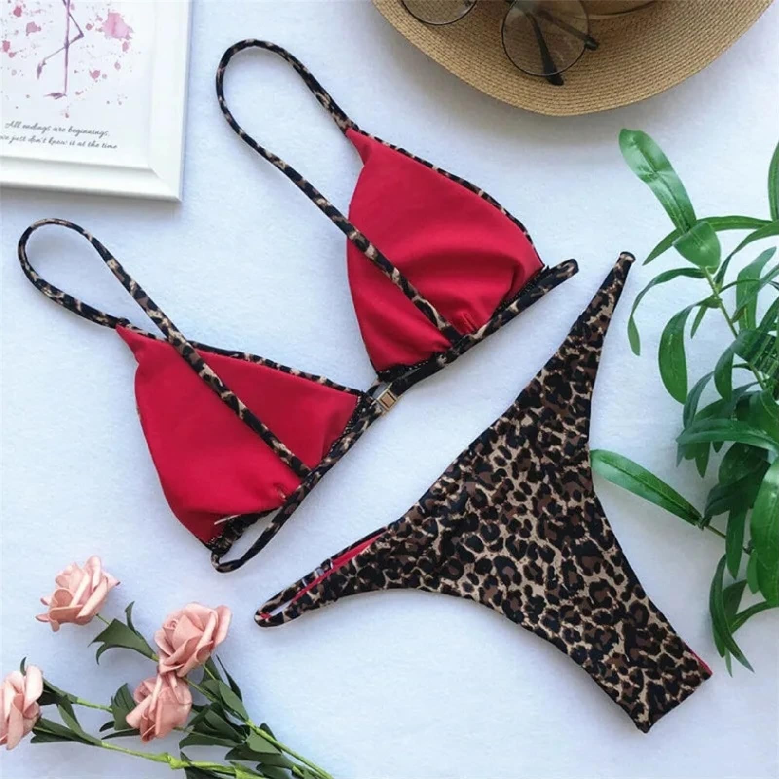 Bikini Mujer Mujeres Leopardo Impresión Set Acolchado Triángulo Top Tanga Baño Ropa De Playa-Leopard-s
