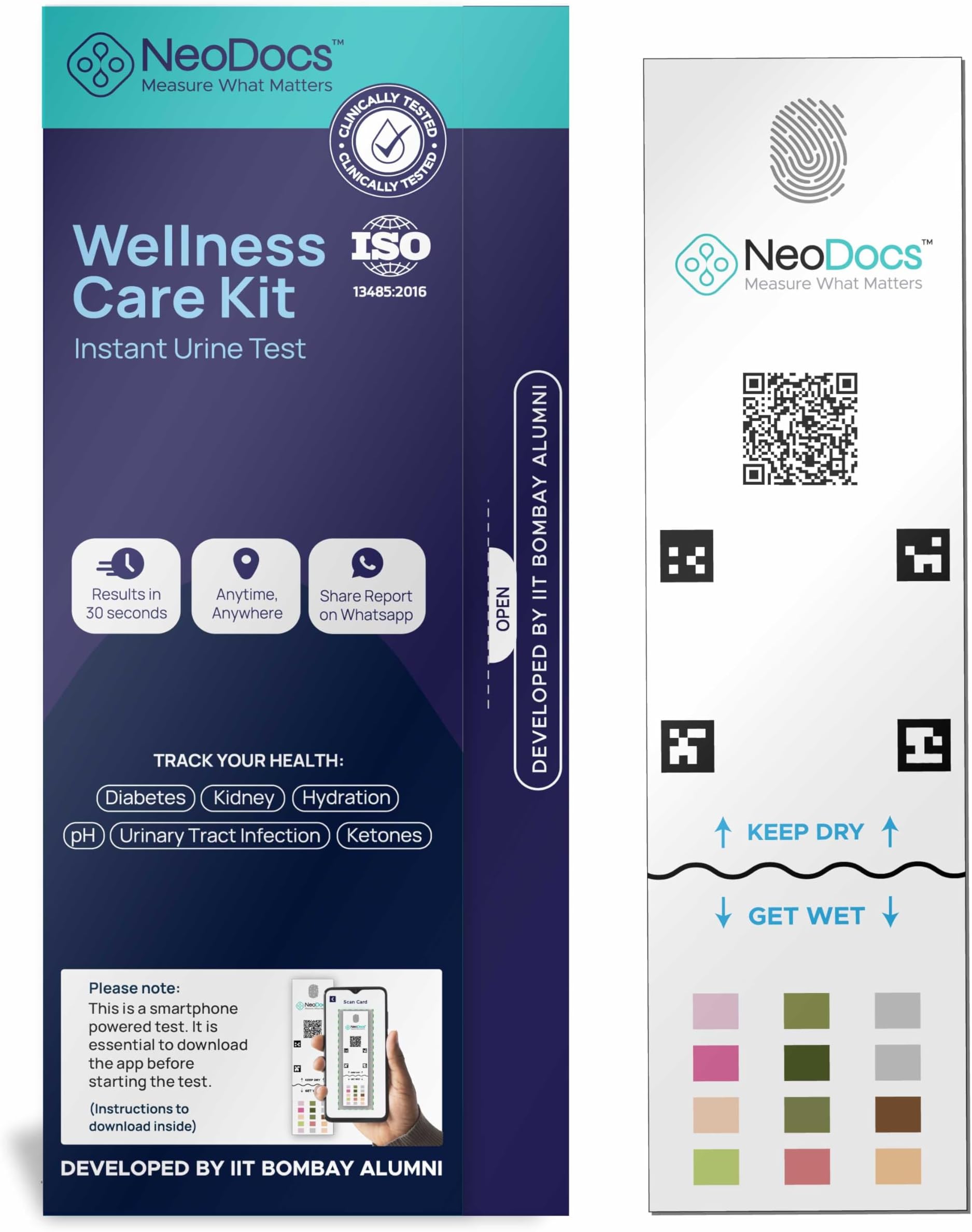 Neodocs Wellness Urine Test Kits | Instant At-Home | Track 8 Parameters | Sugar (Glucose), Protein, Kidney, UTI, Ketones, pH, Hydration, Leukocytes (WBC), Blood, Nitrites (Pack of 1)